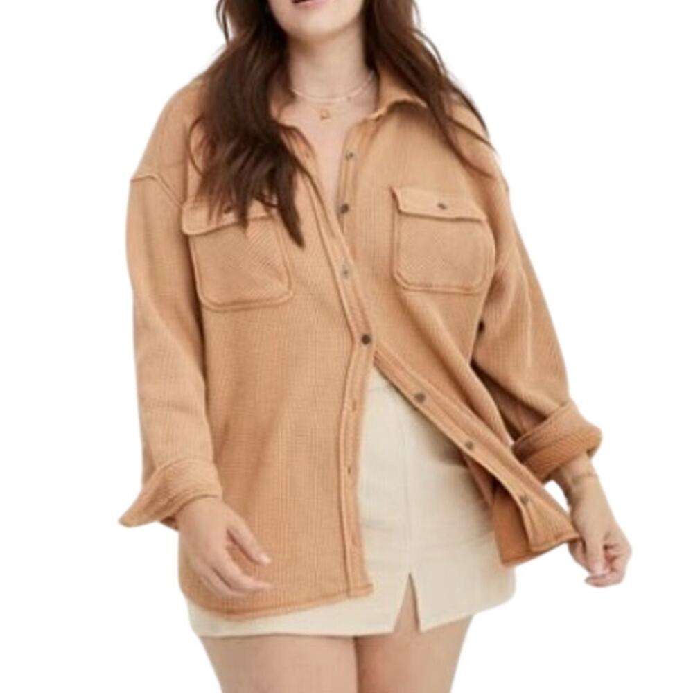Aerie Lumber Jane Waffle Knit Shirt XXS Brown Tan Button Up Oversized Granola